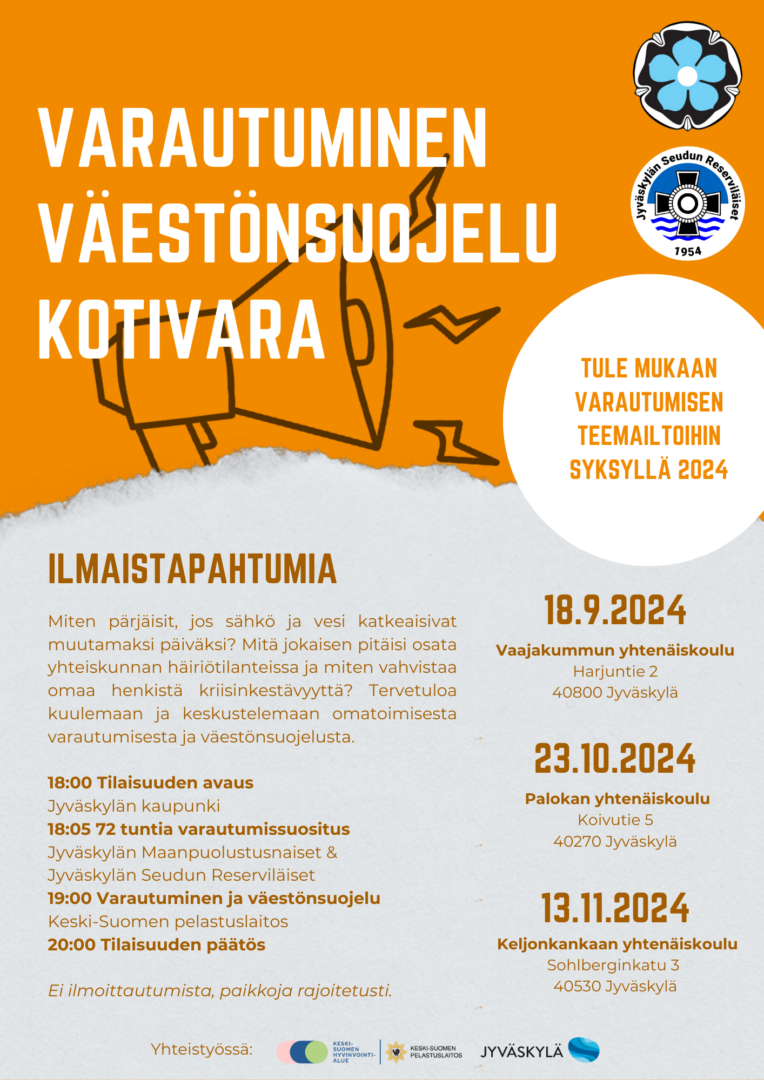 Väestönsuojelun ja kotivaran teemaillat Jyväskylässä syksyllä 2024.